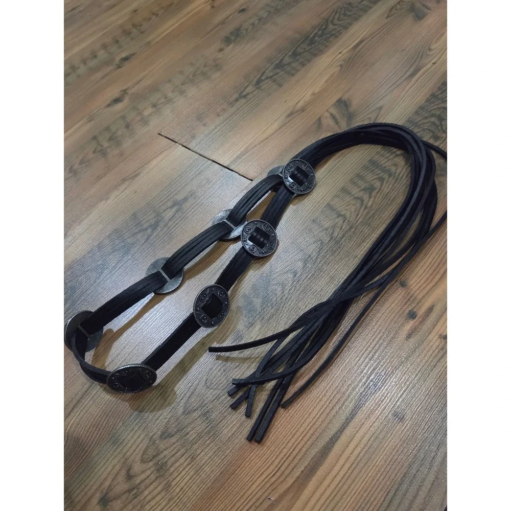 Boho Festival Hippie Black Leather Concho Belt Fringe Tie Silver Wrap Country